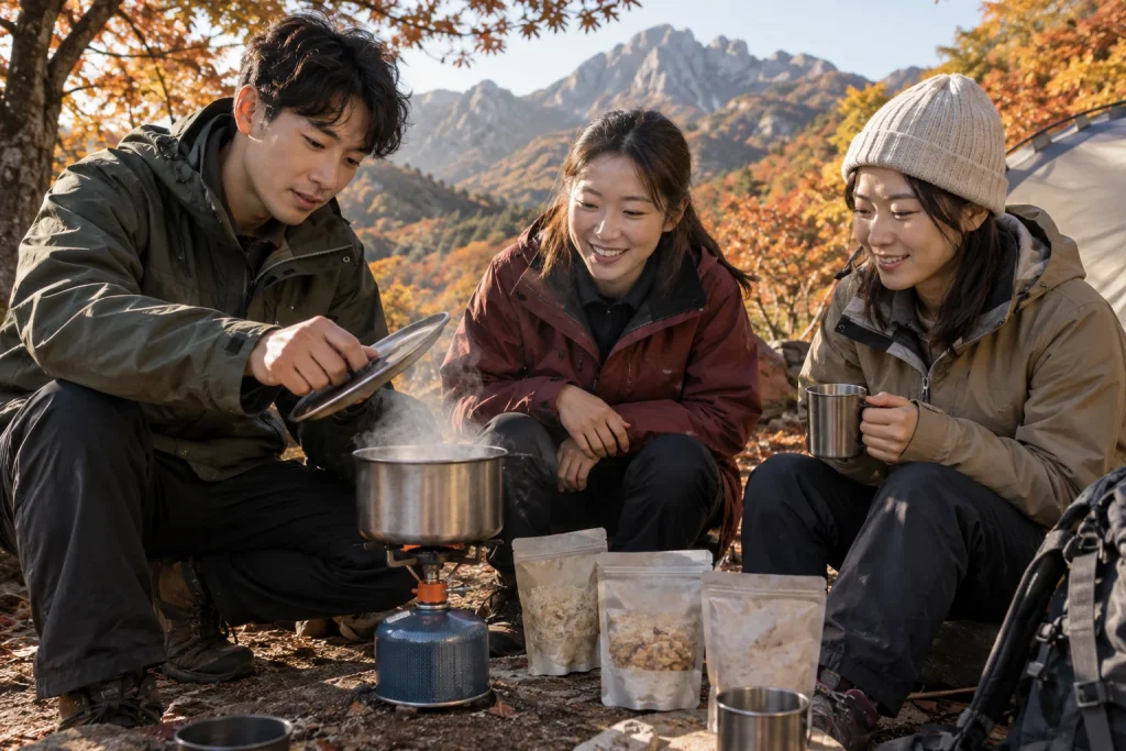 가을 산 캠핑장에서 버너로 물을 끓이며 식사 파우치를 준비하는 사람들