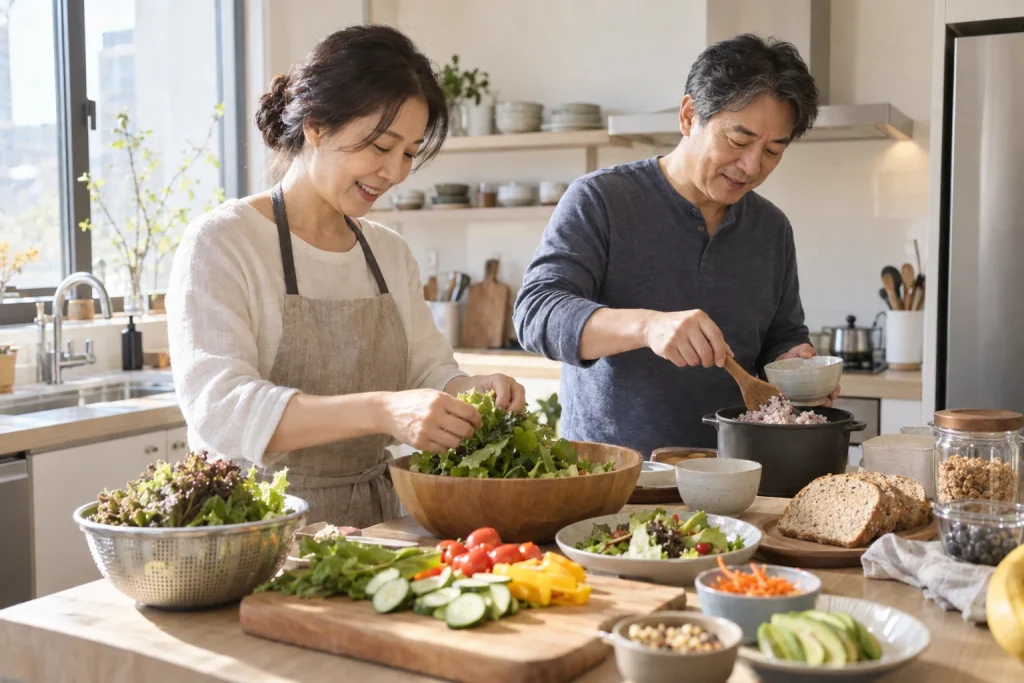 집 주방에서 채소를 손질하며 식사를 준비하는 부부
