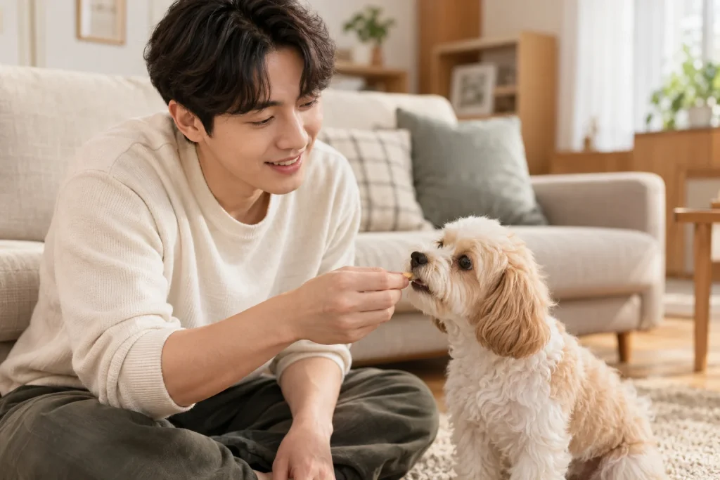 거실에서 작은 반려견에게 간식을 건네는 보호자