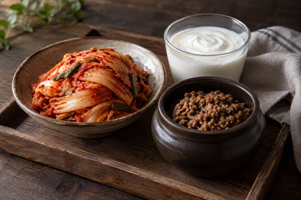 김치와 요거트, 발효 장류가 놓인 나무 쟁반