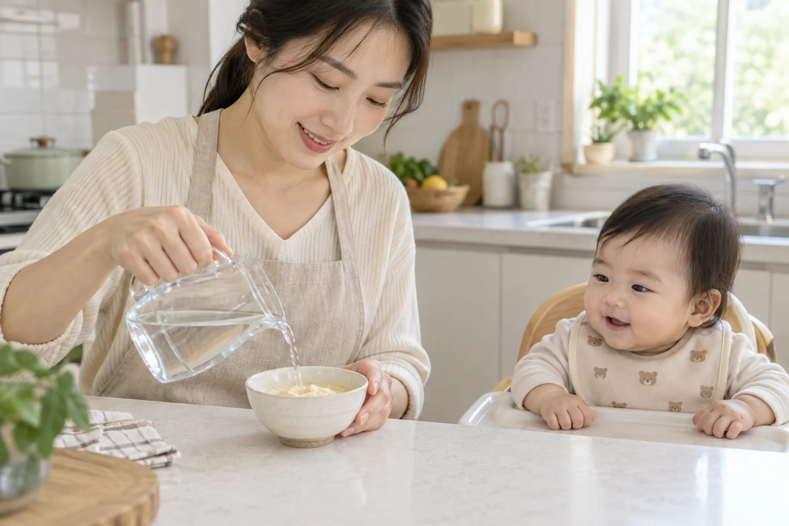 아기 옆에서 그릇에 물을 부어 이유식을 준비하는 보호자